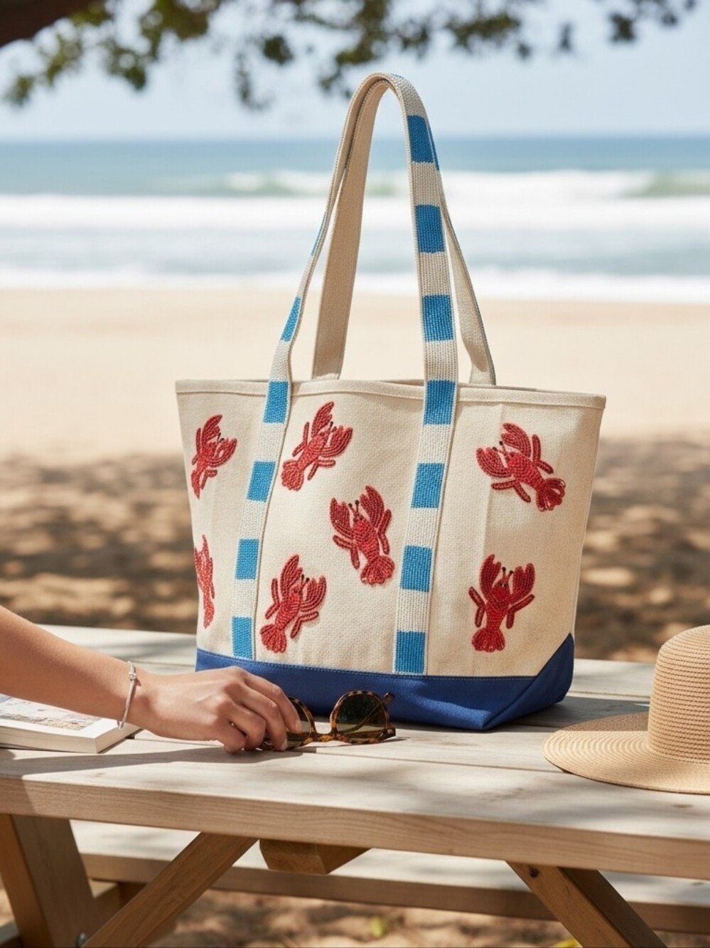 NWT Handcrafted in India Beaded Lobster Canvas Tote –Viral Coastal Statement Bag